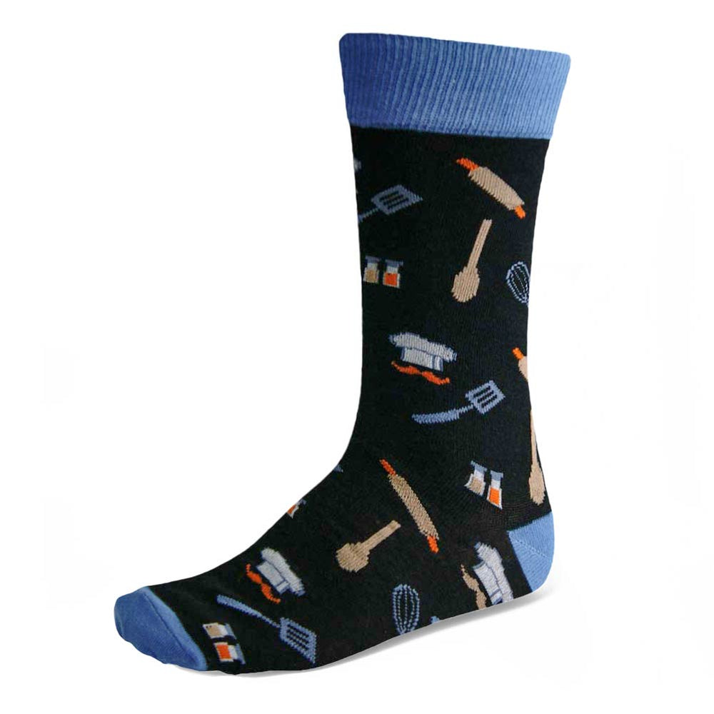 Men's chef cooking tools theme dress socks in black and blue