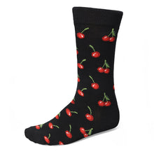 Load image into Gallery viewer, A repeated cherry pattern on a black crew sock