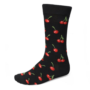 A repeated cherry pattern on a black crew sock