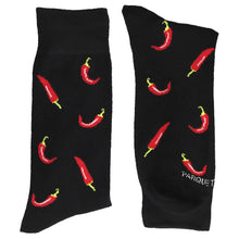 Load image into Gallery viewer, A folded pair of men&#39;s chili pepper themed socks in black