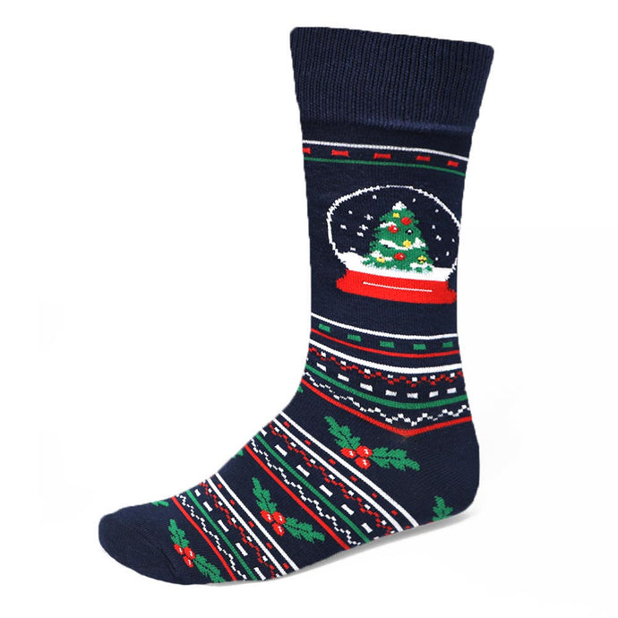 Men's navy blue Christmas socks with snow globes, holly and fair isle