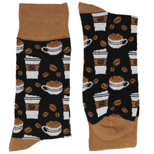 Load image into Gallery viewer, A folded pair of men&#39;s black and brown coffee socks with coffee cups and beans