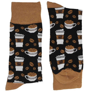 A folded pair of men's black and brown coffee socks with coffee cups and beans