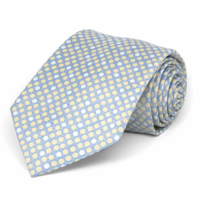 Rolled view of a light blue extra long tie featuring yellow and white dots
