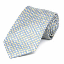 Load image into Gallery viewer, Blue tie with white and yellow polka dots,  rolled to show details up close