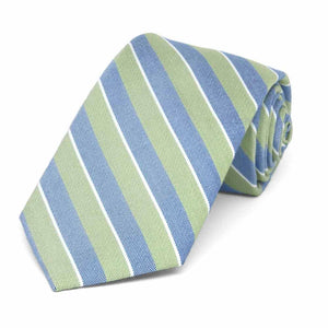 Rolled view of a green and blue striped tie