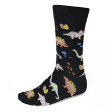 Load image into Gallery viewer, Men&#39;s colorful dinosaur socks on a black background