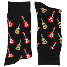 Load image into Gallery viewer, A black pair of socks with a fun pattern of red and tan guitars