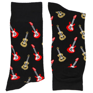 A black pair of socks with a fun pattern of red and tan guitars