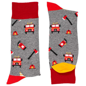 Folded pair of men's firefighter themed socks in gray and red