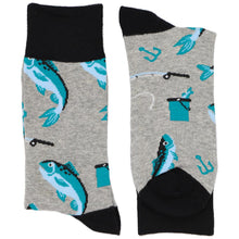 Load image into Gallery viewer, Folded pair of gray and white men&#39;s socks with a fishing theme
