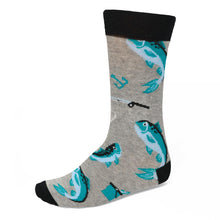 Load image into Gallery viewer, Gray socks with large fish blue