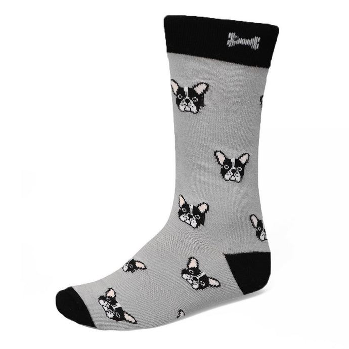 French bulldog pattern on a men's gray sock