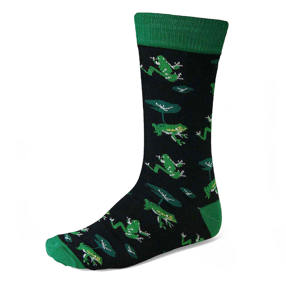 Men's green frog theme socks on black background