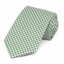 Load image into Gallery viewer, Green gingham tie in a narrow width, rolled to show pattern