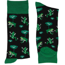 Load image into Gallery viewer, A folded pair of green and black frog and lilypad socks