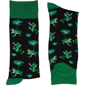 A folded pair of green and black frog and lilypad socks