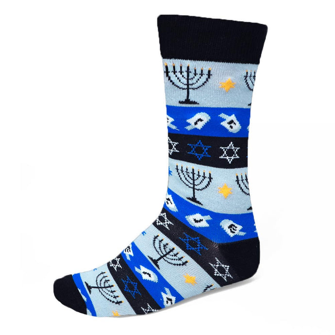 Blue and black striped Hanukkah themed socks