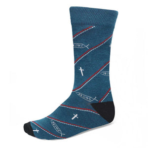 Blue jesus fish and cross religious novelty socks
