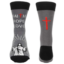 Load image into Gallery viewer, Faith, hope, love and religious cross Jesus crew socks