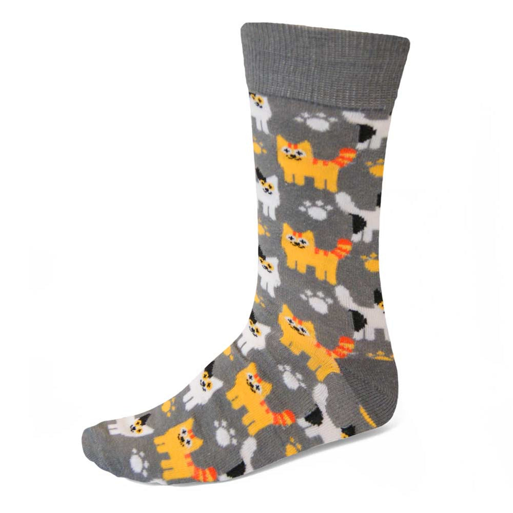 Men's gray socks with a kitten and pawprint pattern