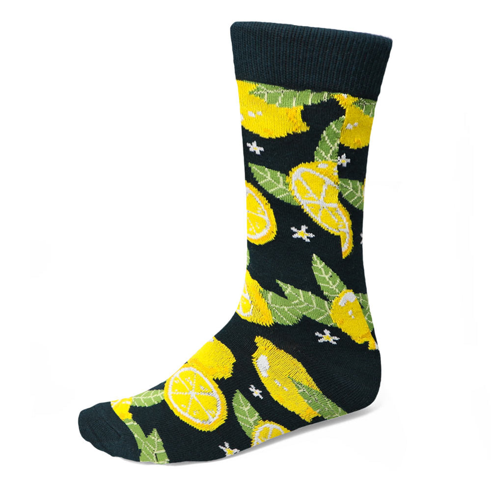 A crew sock with a large lemon and leaf design