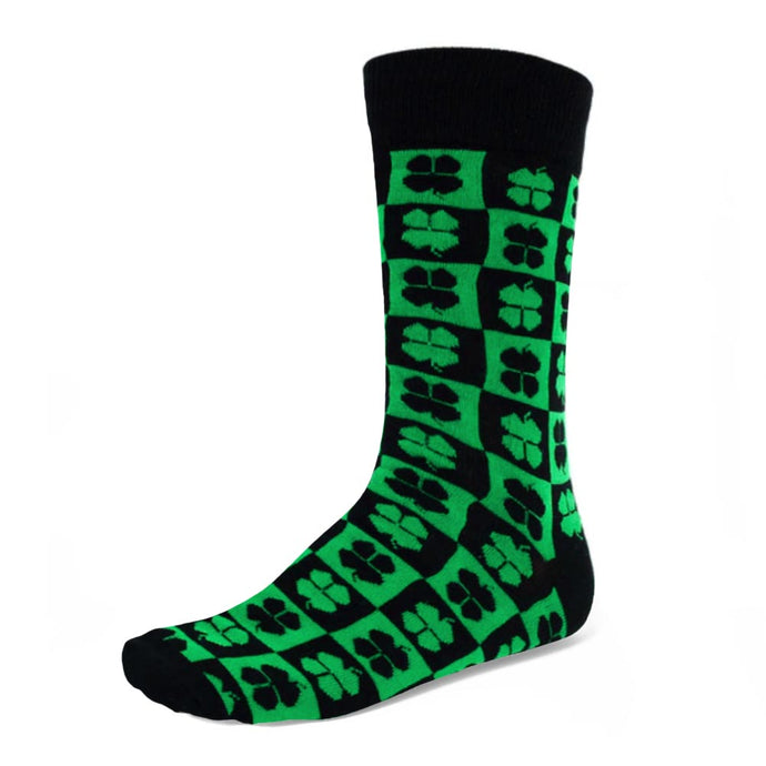 Men's four leaf clover crew socks on a green and black checkered background