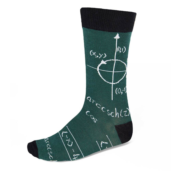 Men's math theme dress socks on hunter green background