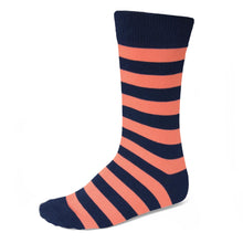 Load image into Gallery viewer, Men&#39;s navy blue and coral striped groomsmen socks