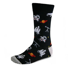 Load image into Gallery viewer, Men&#39;s black and gray astronaut socks in solar system