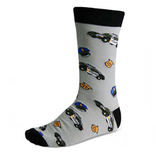 Load image into Gallery viewer, Men&#39;s police officer car, hat and badge dress socks on gray background