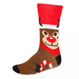 Men's reindeer theme socks in brown, red, white and black