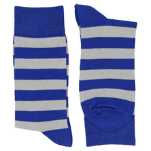 Load image into Gallery viewer, Pair of men&#39;s royal blue and silver striped socks