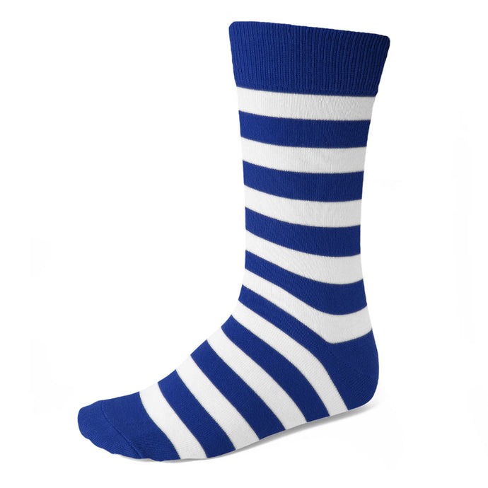 Men's royal blue and white striped dress socks, horizontal stripes