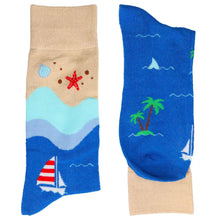 Load image into Gallery viewer, Pair of men&#39;s seashore and beach scene themed novelty socks, folded