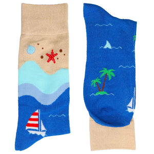 Pair of men's seashore and beach scene themed novelty socks, folded