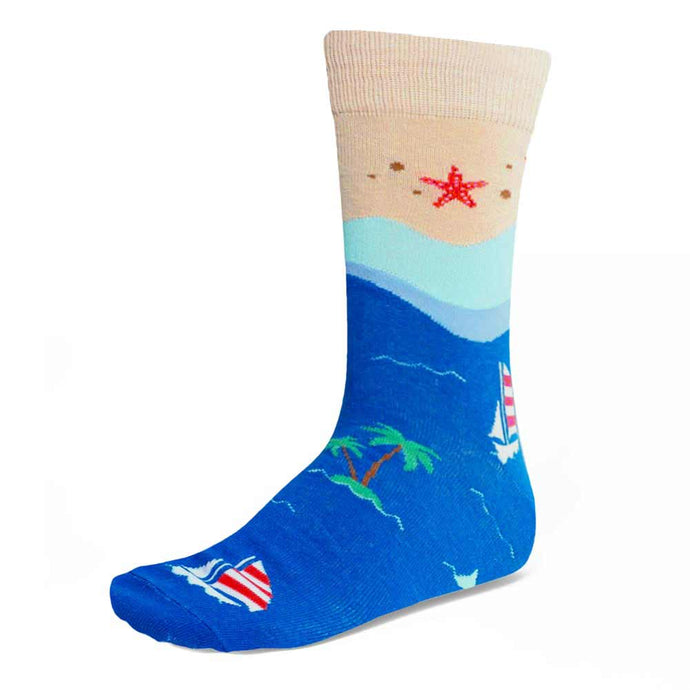 Men's crew socks with fun ocean and beach design