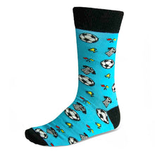 Load image into Gallery viewer, Men&#39;s soccer referee theme socks on blue and black background