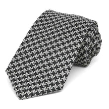 Load image into Gallery viewer, Black and white tweed necktie, rolled to show thick woven texture