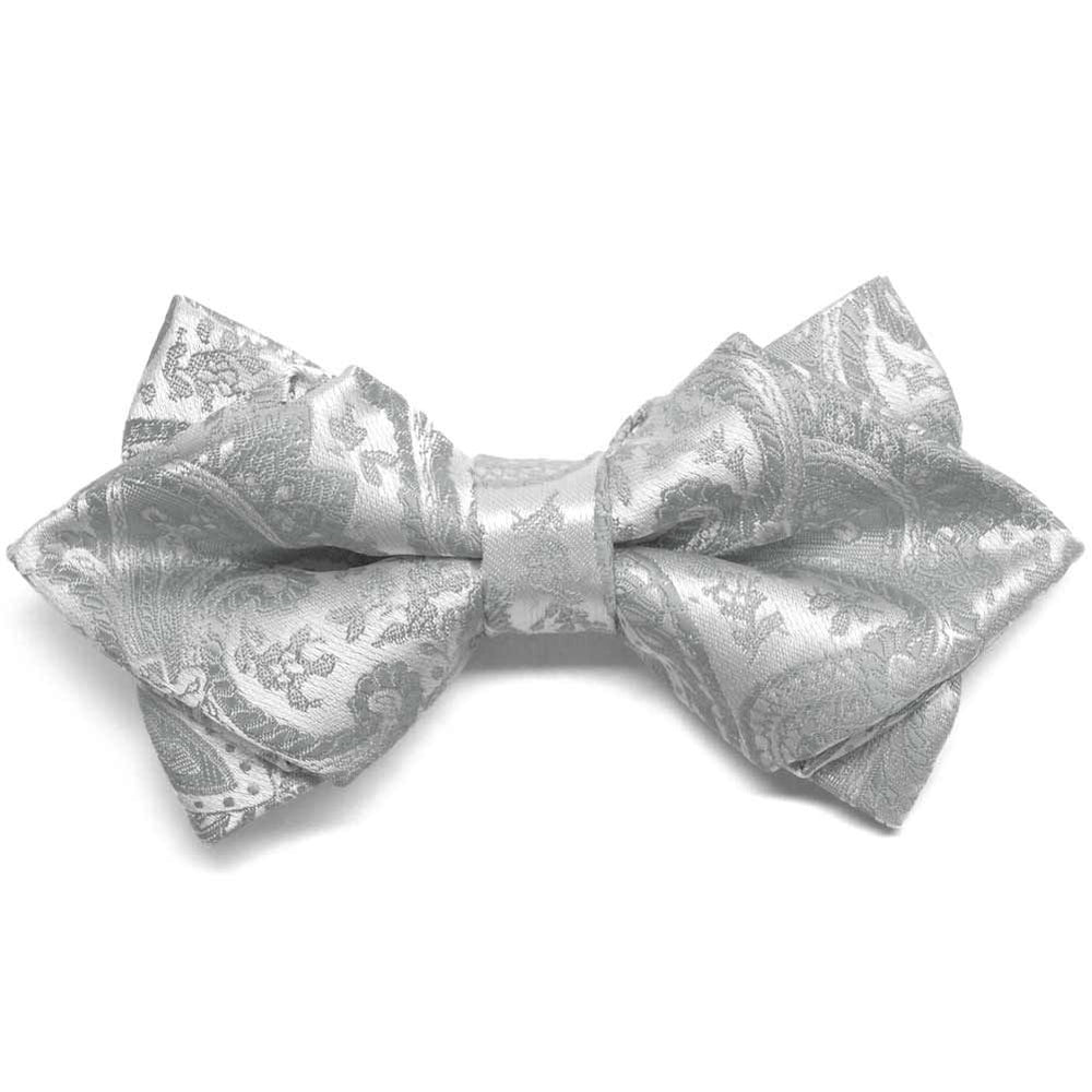 Silver paisley diamond tip bow tie, close up front view