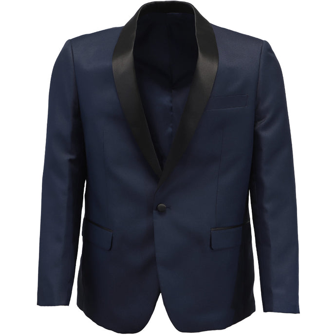 The front of a midnight blue tuxedo jacket