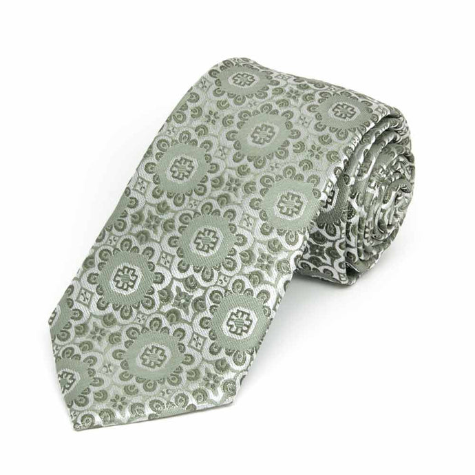 Rolled view of a mint green floral pattern slim necktie