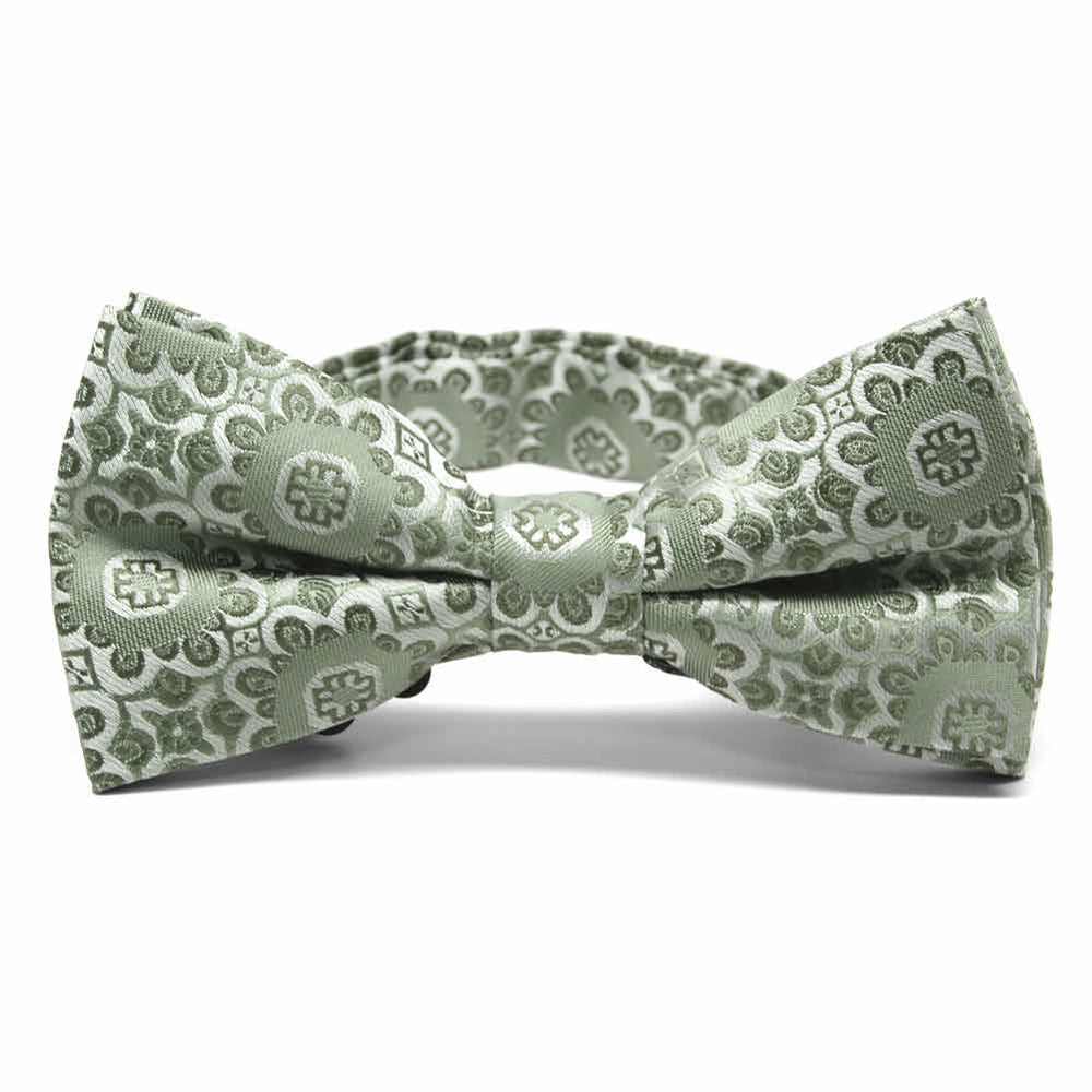 Front view of a mint green floral pattern bow tie