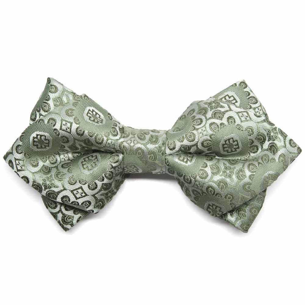 Front view of a mint green floral pattern diamond tip bow tie