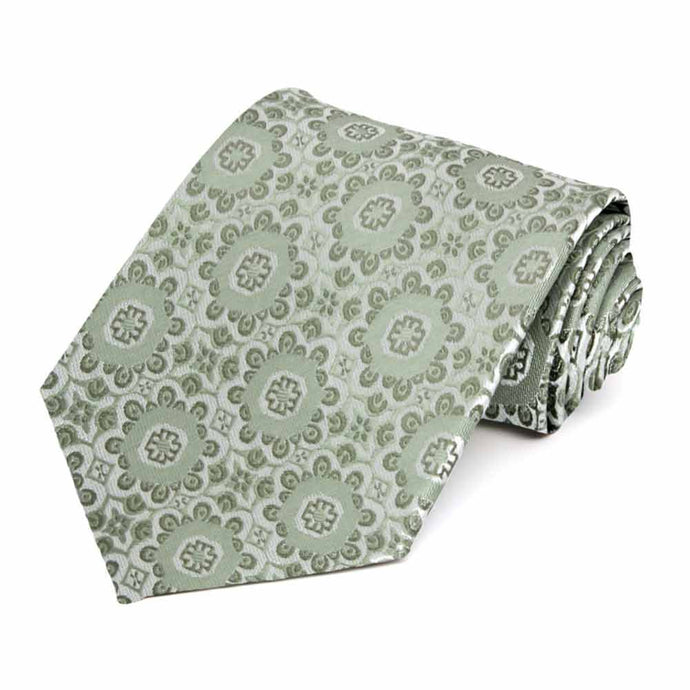 Rolled view of a mint green floral pattern extra long necktie