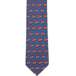 The front of a blue slim tie with a mom tattoo heart design