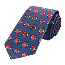 Load image into Gallery viewer, A slim tie in blue with a mom tattoo heart pattern, rolled to show off the design
