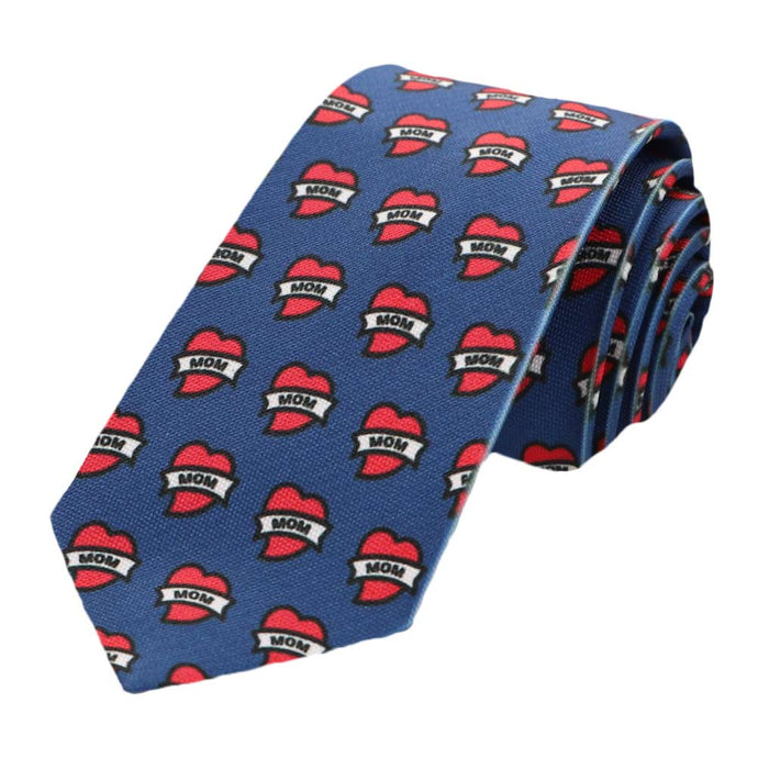 A slim tie in blue with a mom tattoo heart pattern, rolled to show off the design