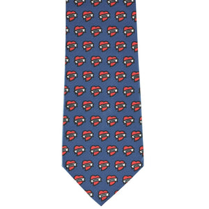 The front of a blue novelty tie with a mom tattoo heart all over pattern