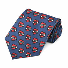 Load image into Gallery viewer, A blue tie with a mom tattoo heart novelty design, rolled to show off the pattern